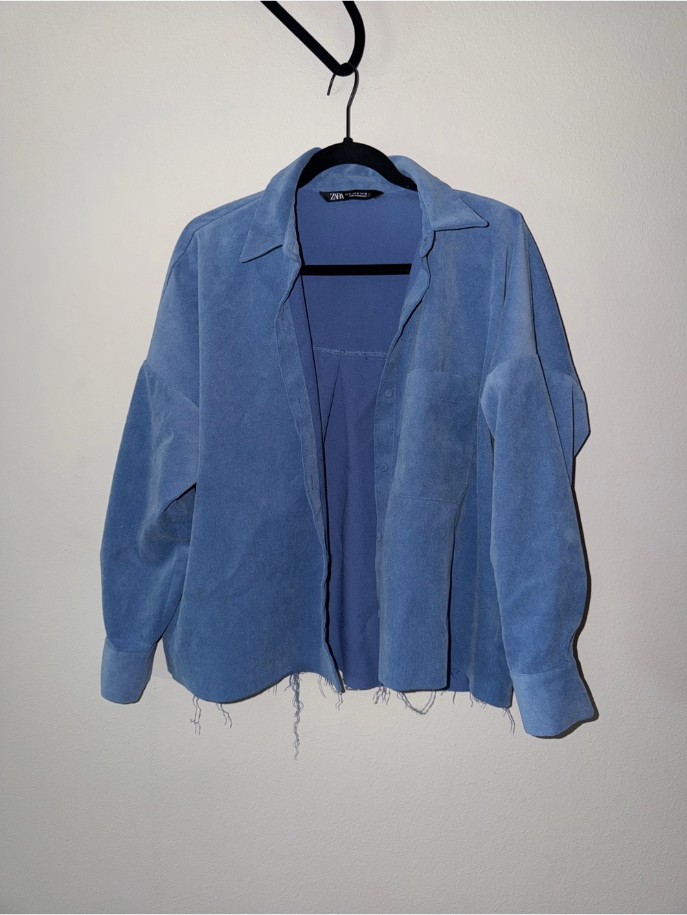 Zara Cropped Blue Suede Button-Up Shirt Jacket